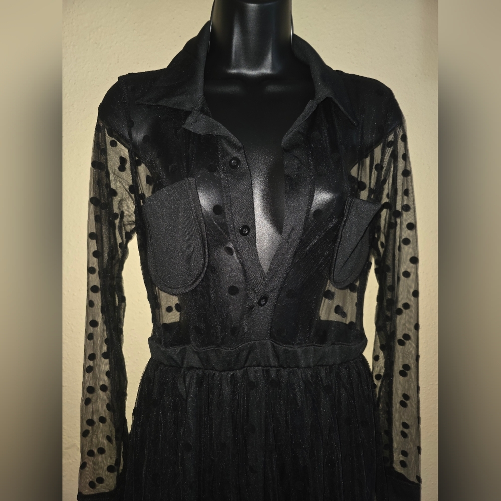 🖤Elegant Black Sheer Polka Dot Dress